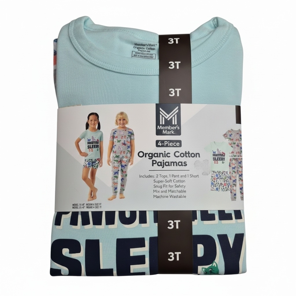 NWT Member's Mark 3T Organic Cotton Pajamas 4-Piece Set Pawsitively Sleepy